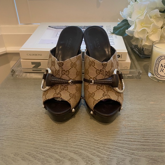 Gucci - Original GG Monogram - 120mm Heeled Clogs - Beige Ebony - Size 35.5 - Picture 2 of 7